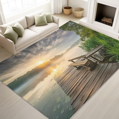 Generisch Paesaggio Fotografia Tappeto Stampato Famiglia Soggiorno Camera da Letto Zerbino Decorativo Tranquillo Barca Lago Canna Erba Tappeto Bambini Tappetino Antiscivolo Pavimento 60x120 cm Verde