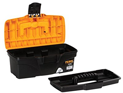 Perel Boîte à outils, polypropylène, avec plateau porte-outils amovible, poignée rabattable et fermeture en plastique, noir/orange, 320 x 165 x 136 mm