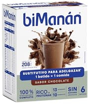 biManán - Batido de Chocolate, Batidos Sustitutivos de Comidas para Adelgazar, Bajos en Calorías, Ayudan a Perder y Controlar el Peso, con Proteínas, Vitaminas y Minerales - 6 x 50 g: 300 g