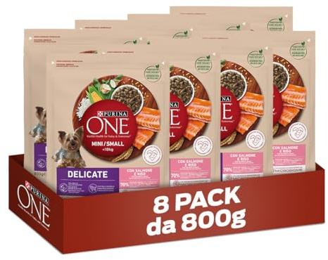 PURINA ONE Mini Small Delicate Crocchette per Cani Adulti con Salmone e Riso, 8 x 800g