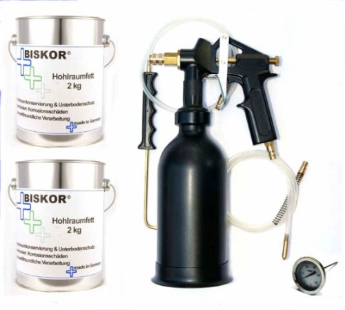 Biskor® Starter-Set Druckbecherpistole + Hohlraumsprühset + Thermometer + 4kg (2 x 2kg) Hohlraumfett
