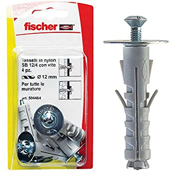 Fischer, 4 Tasselli SB 12/8 K con gancio corto, Universali per Il Fissaggio di Lampade, Specchi, Mobili su Muro e Cemento