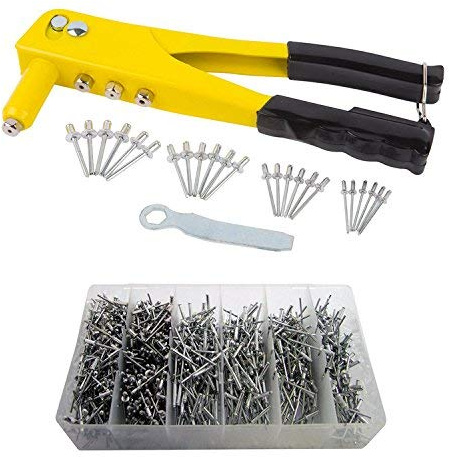 Heavy Duty Hand Rivet Gun 4 Head Nozzle Riveter Plus 1000 Assorted Pop Rivets
