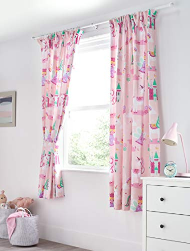 Bloomsbury Mill - Cortinas Forradas con alzapaños para niños - Estampado de Unicornios, Princesas de Cuento y Castillos encantados - Rosa - 168 cm x 183 cm
