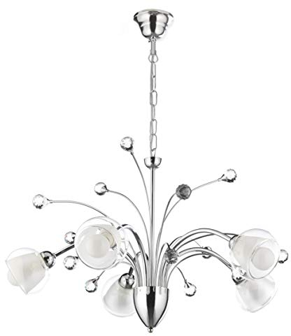 ONLI - Lampadario 5 luci in metallo cromato lucido decorato con sfere in cristallo e vetri bianchi e trasparenti