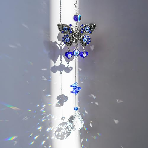 YU FENG Blue Evil Eye Butterfly Wall Hanging Crystal Suncatcher Decor