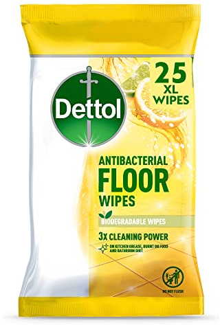 Dettol Lemon & Lime Floor Cleaning Wipes, 25 Count - Antibacterial Surface Cleaner, Fresh Citrus Scent, Quick-Dry Formula, Ideal for Home Hygiene, Easy Disposable Sheets