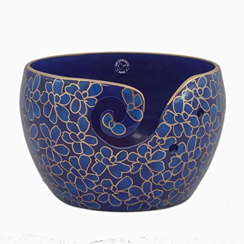 Premium Solid Crafted Floral Metallic Finish Aluminium Portable Yarn Bowl Holder for Knitting Crochet Gift Set | Hind Handicrafts (6 x 6 x 4, Blue)