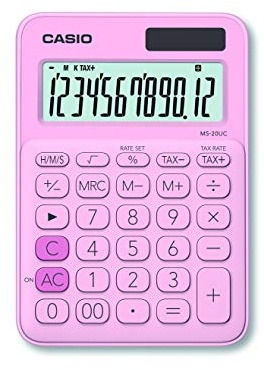 Casio Tischrechner MS-20UC-PK, 12-stellig, in Trendfarben, Steuerberechnung, Zeitumrechnung, Solar-/Batteriebetrieb, Rosa