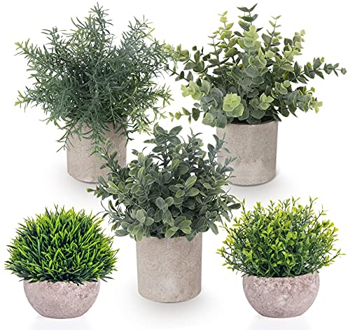 ilauke 5 Stück Kunstpflanze, Künstliche Pflanzen Wie echt Eukalyptus Rosmarin Babysbreath, Fake Plant für Deko Wohnzimmer, Home Schlafzimmer Badezimmer Küchen Büro Office Zimmer Zuhause Innen Deko