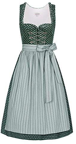 Nübler Dirndl Midi Damen THEA - 2-teiliges Set inkl. Kleid und Dirndlschürze im Landhausstil - Rocklänge 70cm, Elegantes Design in Grün - Moderne bayrische Tracht, Größe:40