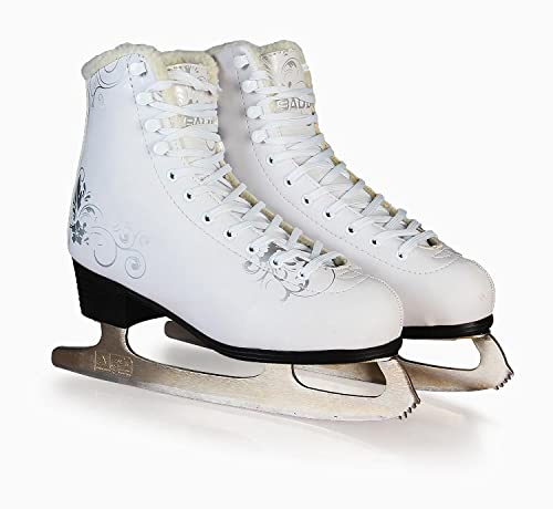 Rengzun Schlittschuhe Damen Kinder Eiskunstlauf Schlittschuhe Weiß Warmes Futter Eislaufschuhe mit Edelstahlkufen Ice Skates für Einsteigerinnen Größe 28-43