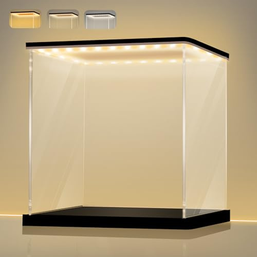 LANSCOERY Acrylic Display Case with Adjustable Yellow/White/Warm LED Light, UV Protection Clear Display Box, Dustproof Showcase for Action Figures, Models, Collectibles - 9.8x9.8x9.8inch