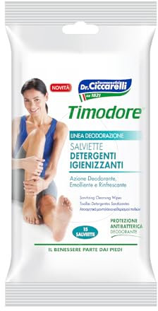 Timodore, Lingettes Nettoyantes Hygiénisantes, Spécifiques pour Nettoyer les Pieds Fatigués et Chauds Grâce à l'Extrait de Thym, 100% Made in Italy, Dermatologiquement Testé, 15 unités