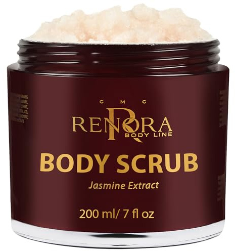 RENORA Body Scrub mit Mandelöl, Jasmin & Honig - 200ml natürliches Körperpeeling damen - Sanftes, feuchtigkeitsspendendes peeling körper für glatte, seidige Haut - Entfernt abgestorbene Hautzellen