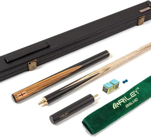 Riley England 3 Piece Snooker Cue & Case 3/4 Cut – Hand Spliced Layered Ebonised Black Wood Butt - 145cm - Ash Shaft - 9.5mm Tip - Includes 15cm Extension & Accessory Pack (RES-1 Design)