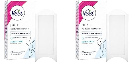 Veet Pure Kaltwachsstreifen für Körper, Arme & Beine - Haarentfernung für sensible Haut - Bis zu 28 Tage glatte Haut - 20 Kaltwachsstreifen (Packung mit 2)