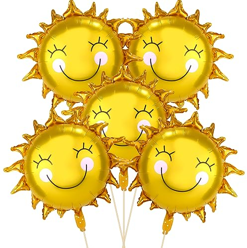 5pcs Sun Balloon, 26 Inch Sun Face Balloon for Party Summer Balloons for Sunshine Foil Balloons for Party Birthday Decorations