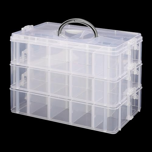 MANCHAP 3 Tier 30 Sections Clear Plastic Stackable Storage Box with Handle, Craft Storage Box with 30 Adjustable Compartments for Crafts, Sewing Accessories, Jewelry