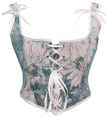Bslingerie® Korsett för damer, retrostil, vintagestil, viktoriansk stil, motiv med djur, tryck med katter, bustier, renässansstil, magtröja, linne, blå krysantemum, S