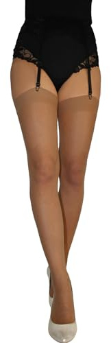 JUST BEAUTY TOUCH Medias lisas de talla S a 3XL - Llévalo con liguero y correas de tirantes, ajuste cómodo para mujer hasta el muslo 20 denier traslúcido, canela, S