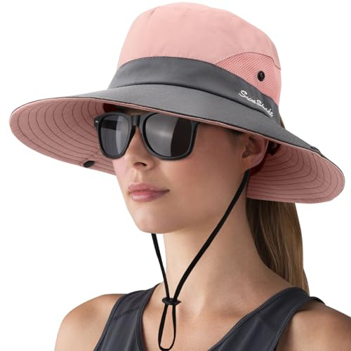 DRESHOW Donna Sole Cappello All'aperto UV Protezione Cappello Maglia Pieghevole Tesa Larga Pesca Coda di Cavallo Spiaggia Secchiello Cappelli con Occhiali da Vista