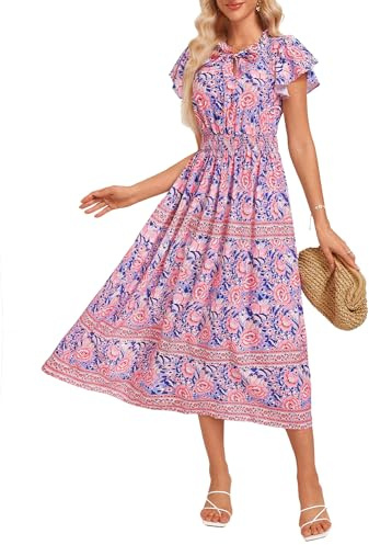 GRACE KARIN Women A Line Maxi Print Dress Crew Neck Layer Hem Flroal Dress Beach Vacation Party Dress Pink Floral-Blue S