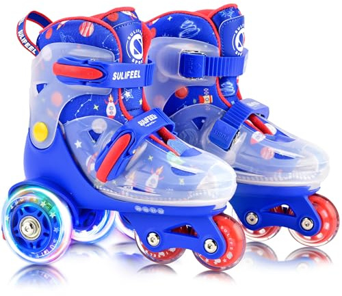 SULIFEEL Pattini in linea regolabili per bambini per ragazze e ragazzi, divertenti ruote luminose a fulminazione a tre punti di equilibrio adatti per principianti per pattinaggio indoor