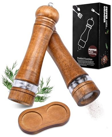 ELUBLU Molinillo de sal y pimienta, 2 piezas de molinillo de pimienta, juego con posavasos, sal y pimienta de madera, botella de especias para comino, pimienta, sal marina, pimienta, sal marina,
