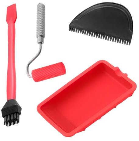 Rodillo Pintura y Bandeja de Pegamento de Silicona Juego, Mango de Aluminio Duradero de Alta Calidad, Limpieza sin Agua, con Dos Cepillos de Pegamento, para Bricolaje y Manualidades (Rojo)