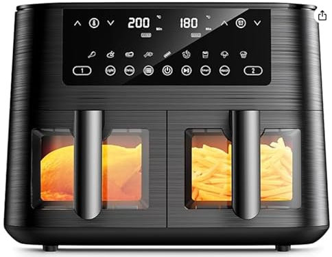 9L Dual Air Fryer with Visual Window, XL Large Capacity, 2 Drawers, 9-In-1 Cooking Presets, Touch Screen, Smart Finish, Timer Function, Dishwasher-Safe, Healthy Oil Free & Low Fat Cooking