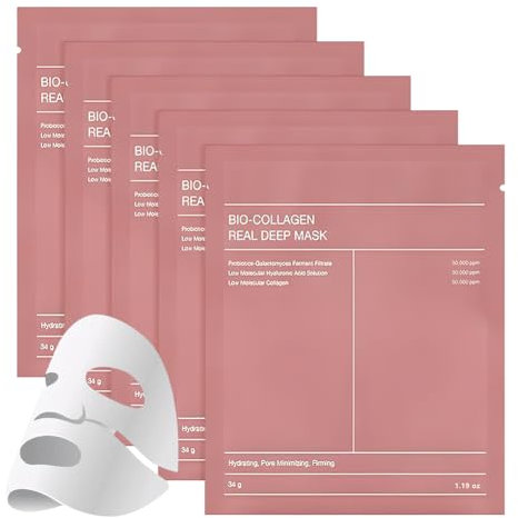 LOPHE Maschera Collagene Viso, 5 Pezzi Bio Collagen Real Deep Mask, Maschera Idratante, Idratazione Intensa, Maschera per il Viso Mirato Alla Pelle Secca, Opaca e Non Compatta