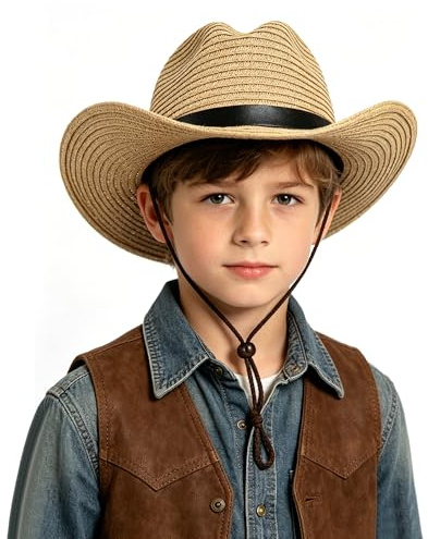 JIAHG Chapeau de Paille Enfant 3-8 Ans Chapeau de Cow-Boy Western Panama UV Protection avec Mentonnière Casquette Visière de Soleil Plage Voyage Camping Randonnée