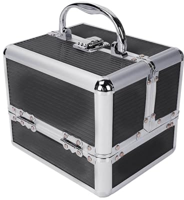 CROWNSHOP Makeup Box Trays Aluminium with Compartment Large Capacity Black