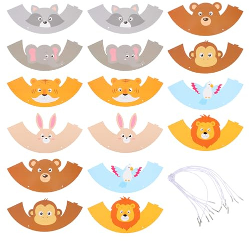 MOLUCKFU 16 Gorros de Cumpleaños Infantiles de Papel Temática de Animales Selva Diseños de Mapache León y Oso y Decorativos para Fiestas Infantiles