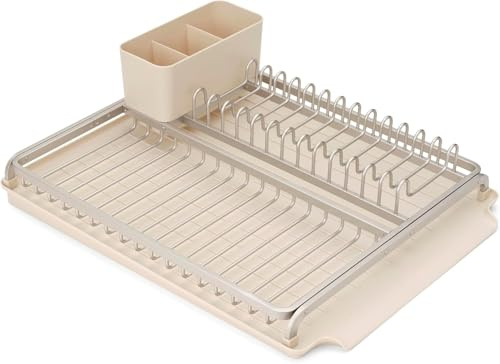 Brabantia Scolapiatti da lavello SinkSide (Soft Beige), Scolapiatti da appoggio con cestello portaposate rimovibile, Porta posate dal design elegante per scolare stoviglie e accessori cucina