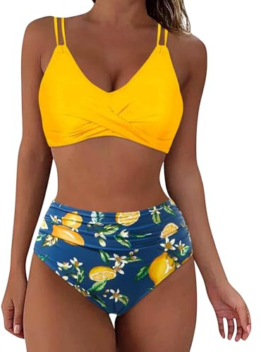 Ensemble bikini pour femme sexy et élégant - Deux pièces - Triangle - Col en V - Push Up - Bikini Curvy - Maillot de bain - Haut de bikini avec rembourrage - Sans armatures, or, L