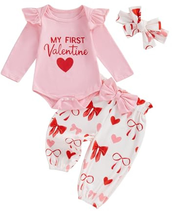 Yigubigu Newborn Baby Girls Valentines Day Outfit My First Valentine Romper Jumpsuit Heart Bow Print Pants Headband Infant 3Pcs Clothes Set (Pink, 0-3 Months)