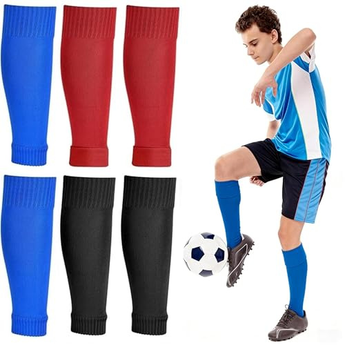 ADUDVLO 3 Pairs Football Sock Sleeve, Men Boys Team Leg Black Pre-cut Sock Sleeves for Football Running or Training Beginner (Kids, Red+Blue+Black)