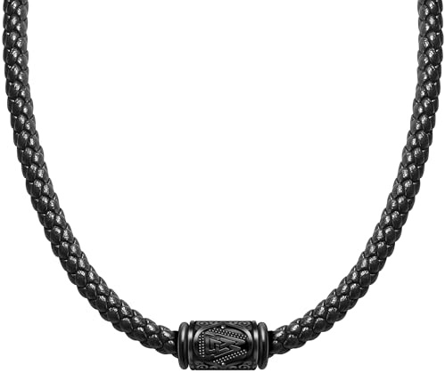 LEAFIA Collana Pelle Uomo - Collana in Vera Pelle con Ciondolo Acciaio Inossidabile Nero, Collana per Uomo Stile Punk, Rock, Streetwear