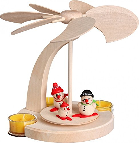 Pirámide de Navidad arco piramidal hombre de nieve deporte de invierno, un piso, 18 cm. de alto, natural, original de los Montes Metálicos (Erzgebirge) arte popular de la ciudad de Seiffen