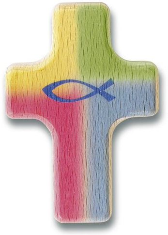 Christliche Geschenkideen Handkreuz Handschmeichler aus Holz (Bunt Fisch)