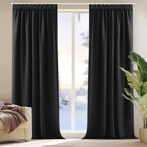 Deconovo Surper mjuka svarta gardiner pennveck fönsterbehandlingar mörkläggningsgardiner värmeisolerade gardiner för kök svart B 140 x 250 cm ett par