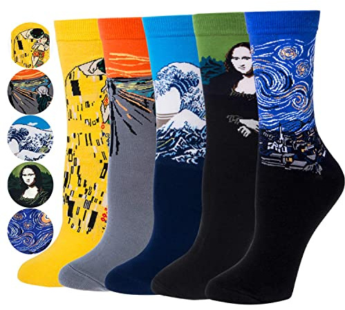 5 Paia Calzini da Uomo Divertenti Calzini Arte Fantasia Design Artistico Innovativo Regalo per Uomo, Taglia Unica Giallo