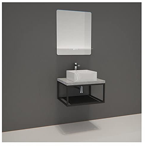 Mueble de baño de madera y metal Will – encimera colgante de 60 cm + estructura de metal negro mate + lavabo + espejo