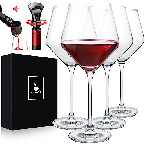 Swanfort Juego de copas de vino tinto de 14 onzas sin plomo estilo italiano con tallo largo, copas de vino de cristal burdeos en caja de regalo
