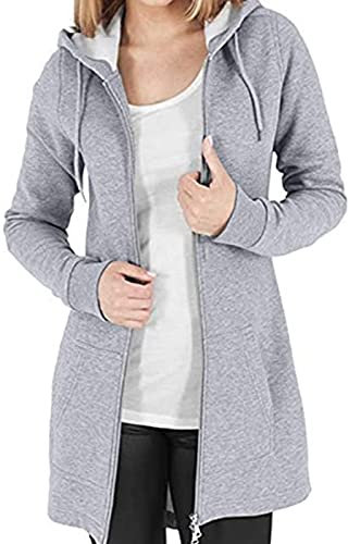 Tuopuda Fleecejacke Damen Lang Winterjacke Sweatjacke Kapuzenjacke Zip Kapuzenpullover Lose Jacken Einfarbig Sweatshirt Langen Mantel Outwear, Grau, L