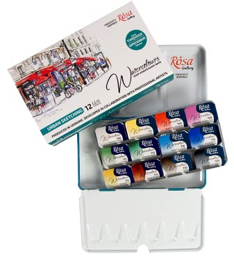 Rosa Gallery Urban Professional Watercolor Paint Set, 12 Water Colors of 2.5 ml, High LightfastnessPaints Kit for Artists, Adult, Lightweight and Portable Metal Case