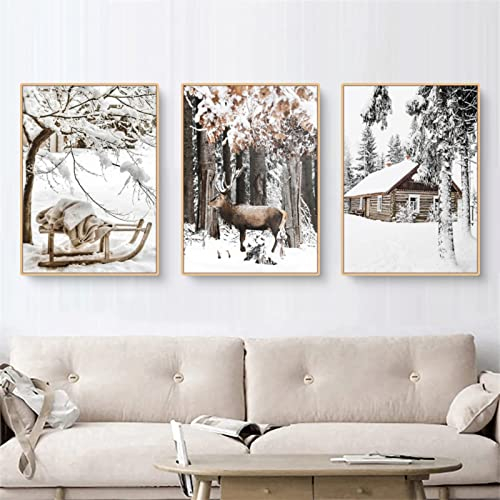 TROYSINC 3er Premium Poster Set, Winter Bilder, Elch, Holzhaus, Wald Wandkunst Wandbilder, Leinwand Drucke Wohnzimmer bilder Modern Wanddeko Bilder, Kein Rahmen (A,40x50cm)