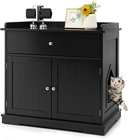 COSTWAY Katzenschrank mit Schublade & Tür & Eingang, 3-in-1 Katzenhaus Katzentoilette Beistelltisch, Schrank Katzenklo Katzenkommode, Katzenhöhle Haustierbox, Katzenmöbel (Schwarz)